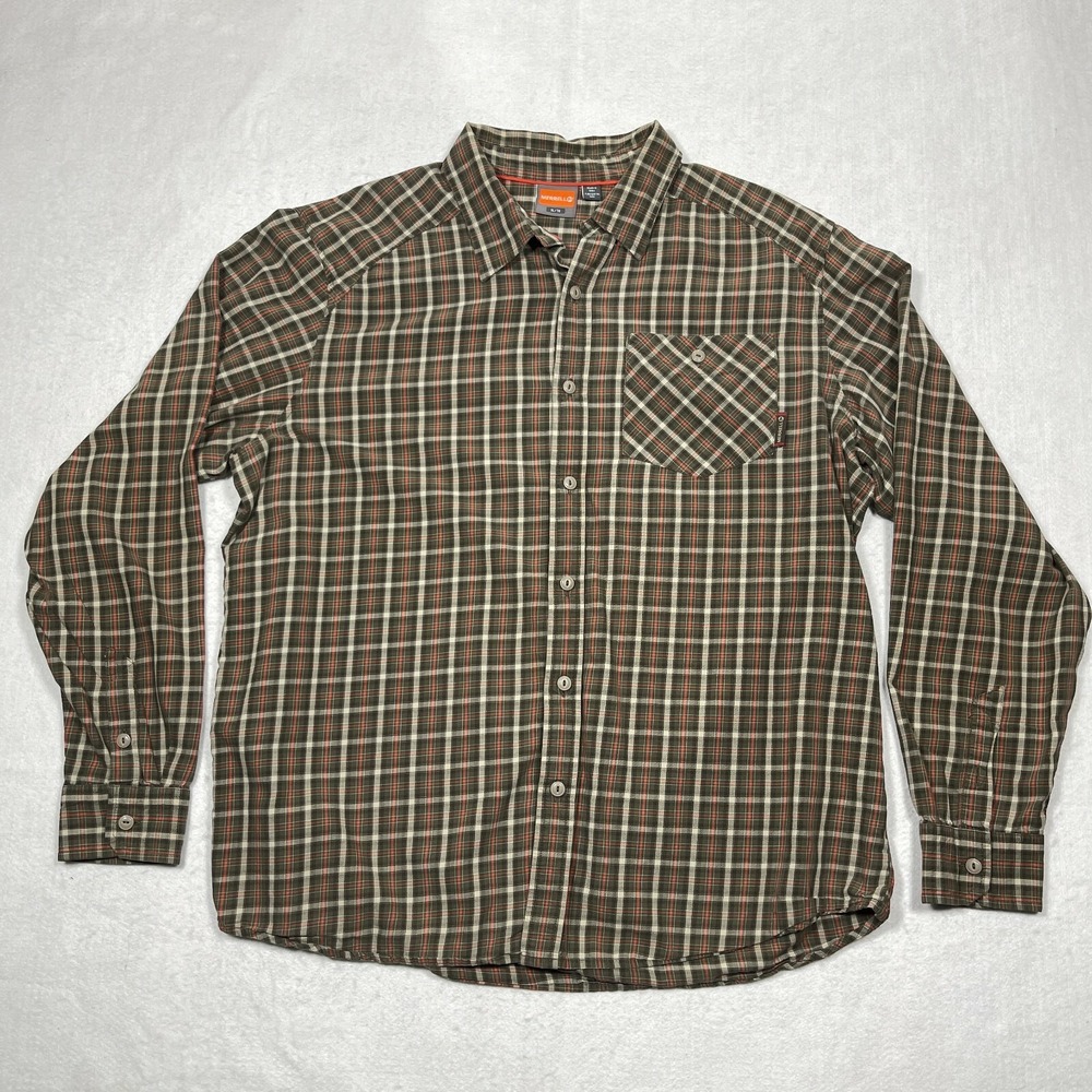 Merrell Button Down Shirt Men‎ XL Plaid Long Sleeve Green Brown Outdoor Gorpcore